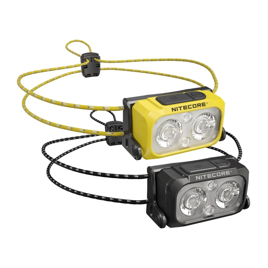 Two Nitecore NU25 headlamps, one yellow and one black, each with a thin cord headband