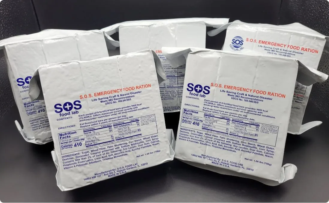 Five sealed silver SOS Emergency Food Ration packs, each holding nine bars, with the nutrition label printed on the front