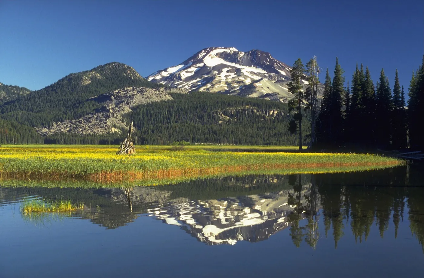 South Sister, a snow-streaked volcano, reflected in Sparks Lake in summer