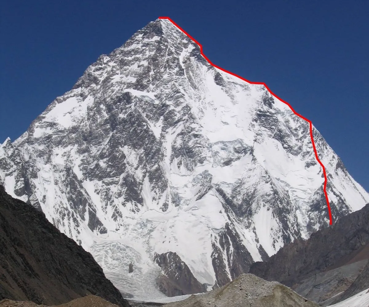 K2 from the south in clear weather with a red line drawn up the right-hand skyline ridge to the summit, marking the Abruzzi Spur route